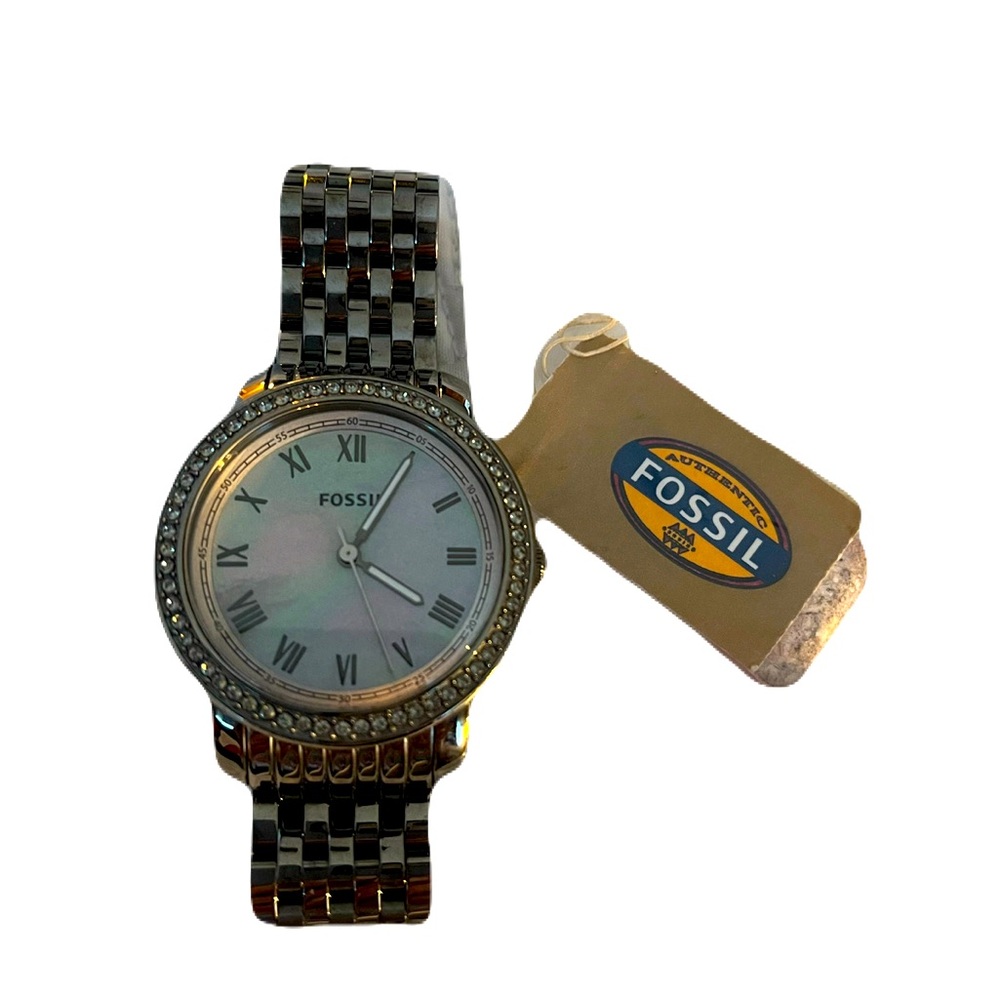 Stunning Gray Fossil Watch with Mother of Pearl Face and Crystals.